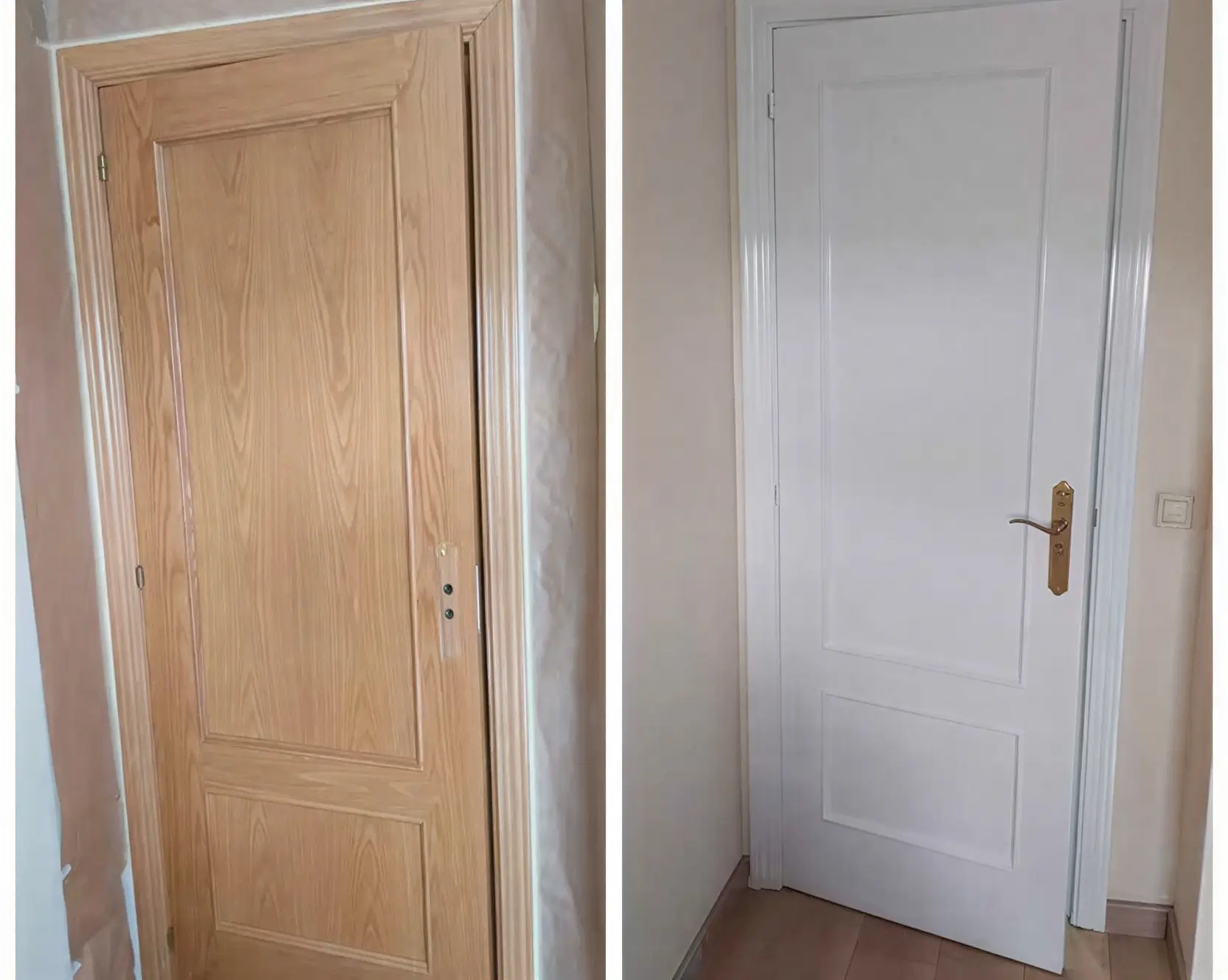 Antes y después de lacar puerta de madera en blanco por Los Pintores Alcorcón