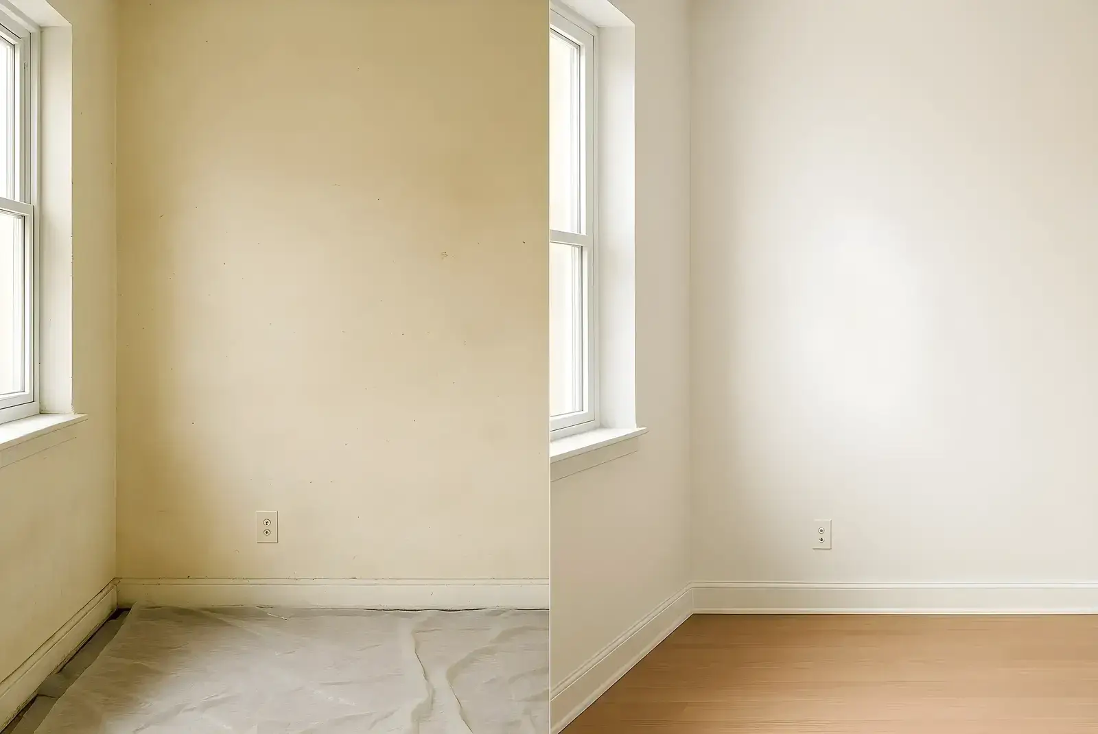 Antes y después de pintura interior en salón, trabajo de Los Pintores Alcorcón con paredes renovadas